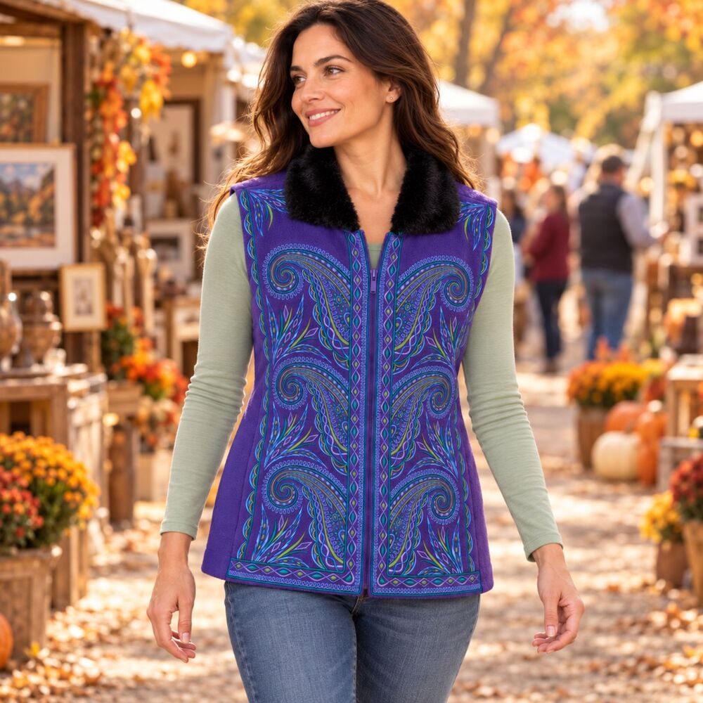 Vintage Bob Mackie Wearable Art Vest M Purple Paisley Embroidery Faux Fur Collar